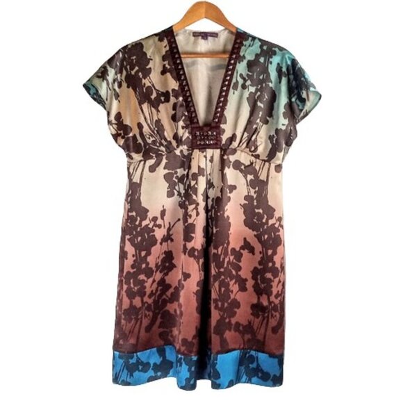 Hale Bob Brown Blue Abstract Print Embellished Silk Dress - Picture 1 of 6